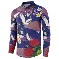 Hawaiian and Japanese Culture Together Button Sweatshirt Blue Ohia Lehua Plumeria and Sakura Blooming - Polynesian Pride