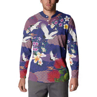 Hawaiian and Japanese Culture Together Button Sweatshirt Blue Ohia Lehua Plumeria and Sakura Blooming - Polynesian Pride