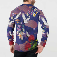 Hawaiian and Japanese Culture Together Button Sweatshirt Blue Ohia Lehua Plumeria and Sakura Blooming - Polynesian Pride