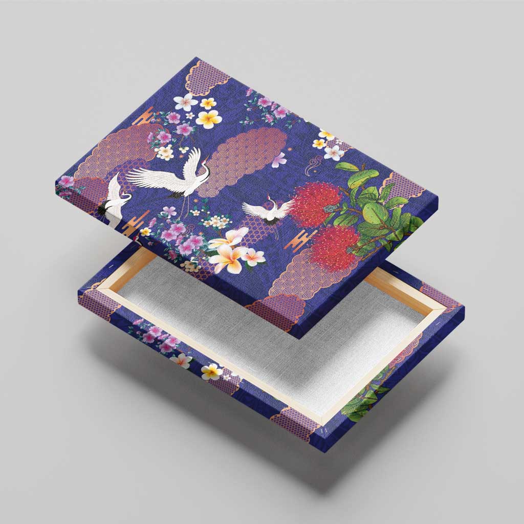 Hawaiian and Japanese Culture Together Canvas Wall Art Blue Ohia Lehua Plumeria and Sakura Blooming - Polynesian Pride