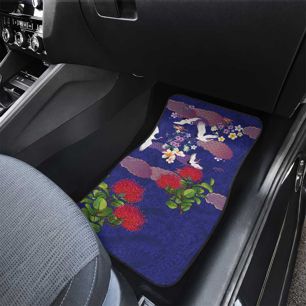 Hawaiian and Japanese Culture Together Car Mats Blue Ohia Lehua Plumeria and Sakura Blooming - Polynesian Pride