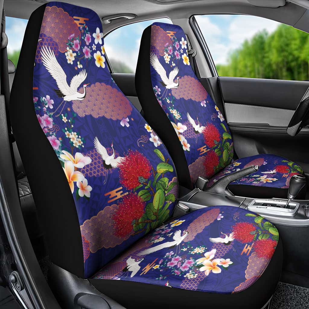Hawaiian and Japanese Culture Together Car Seat Cover Blue Ohia Lehua Plumeria and Sakura Blooming - Polynesian Pride