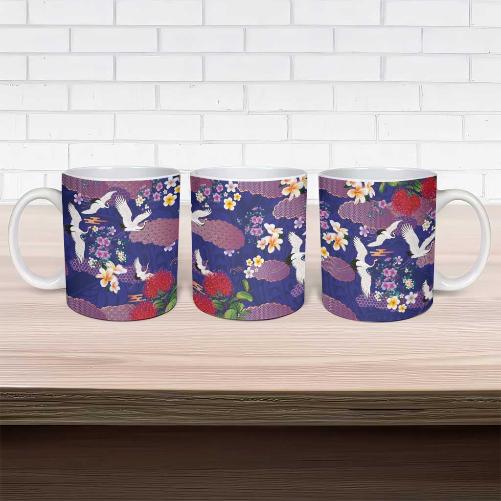 Hawaiian and Japanese Culture Together Ceramic Mug Blue Ohia Lehua Plumeria and Sakura Blooming - Polynesian Pride