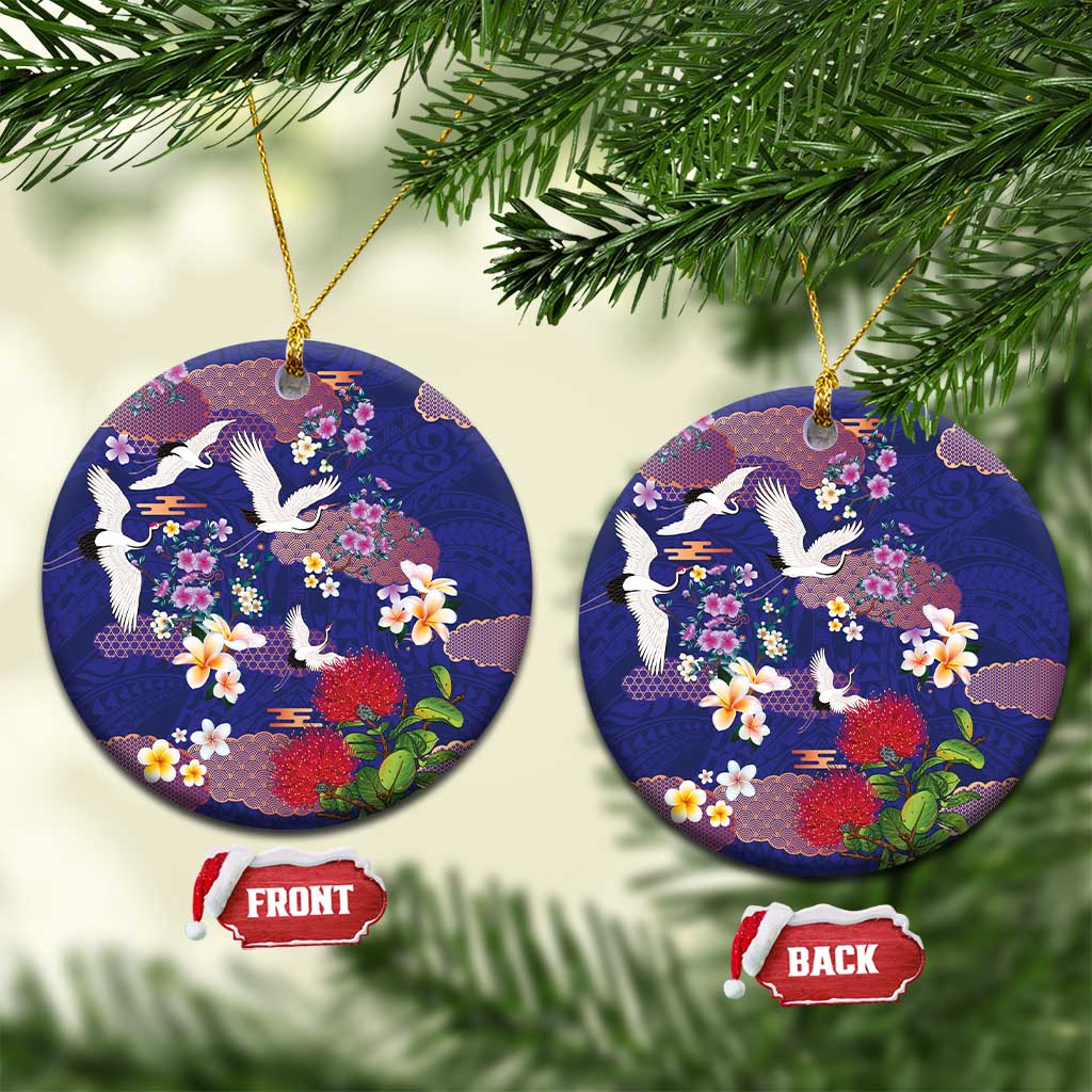 Hawaiian and Japanese Culture Together Ceramic Ornament Blue Ohia Lehua Plumeria and Sakura Blooming - Polynesian Pride