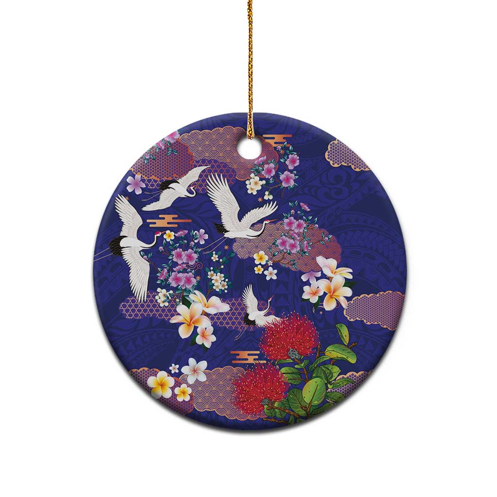 Hawaiian and Japanese Culture Together Ceramic Ornament Blue Ohia Lehua Plumeria and Sakura Blooming - Polynesian Pride