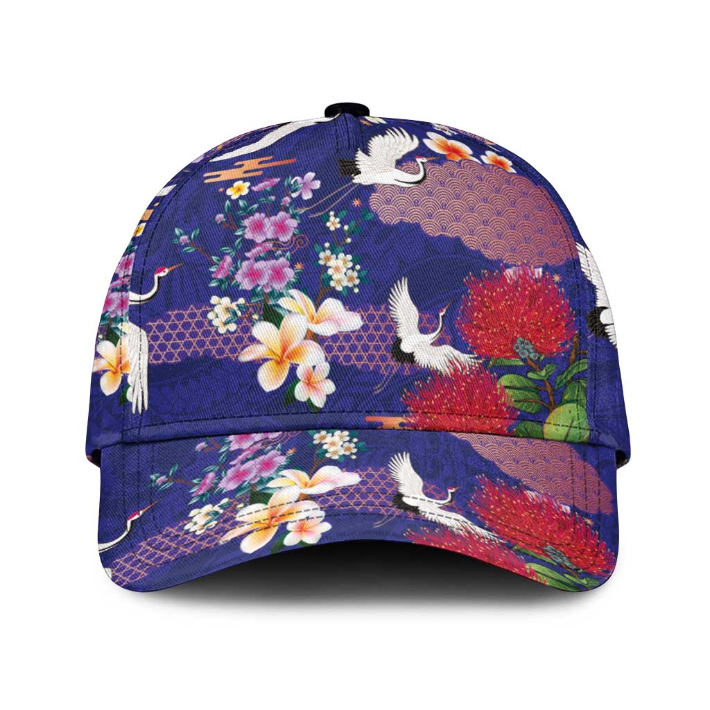 Hawaiian and Japanese Culture Together Classic Cap Blue Ohia Lehua Plumeria and Sakura Blooming - Polynesian Pride