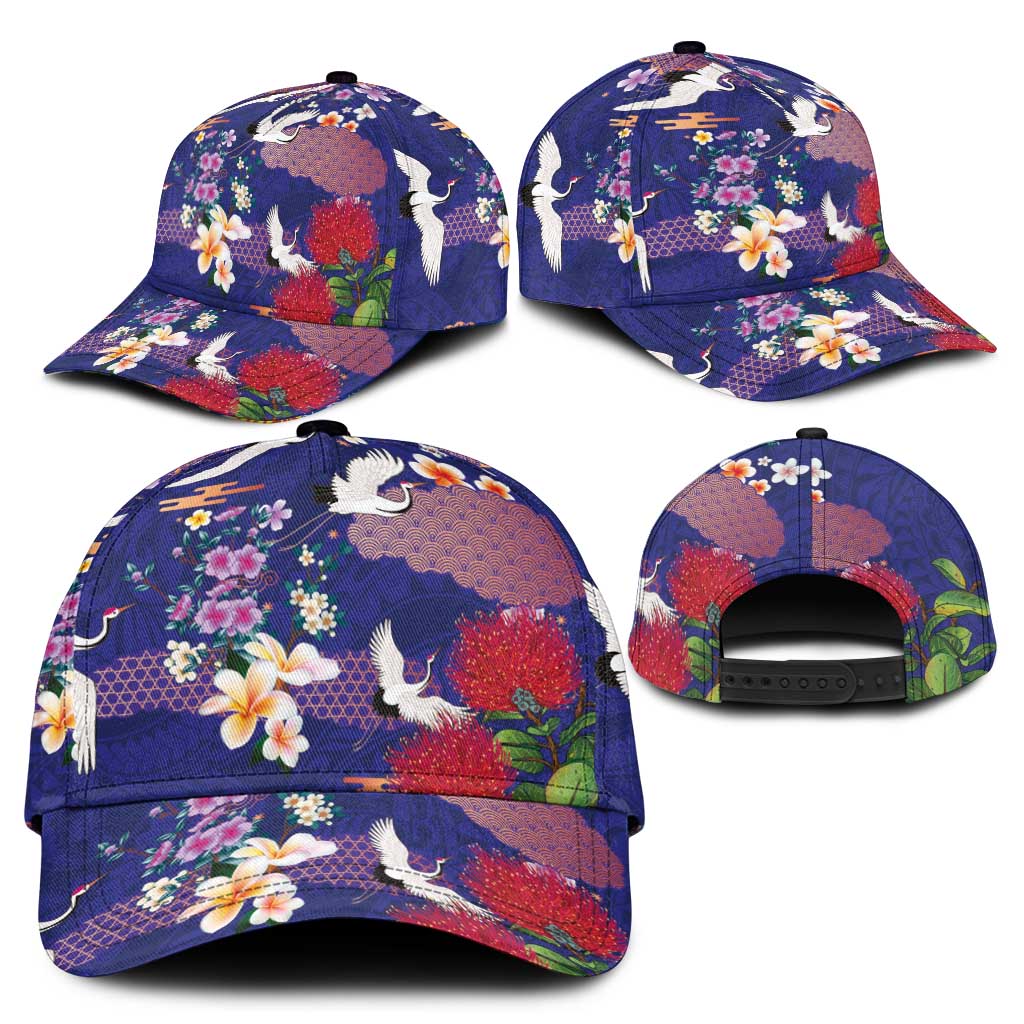 Hawaiian and Japanese Culture Together Classic Cap Blue Ohia Lehua Plumeria and Sakura Blooming - Polynesian Pride