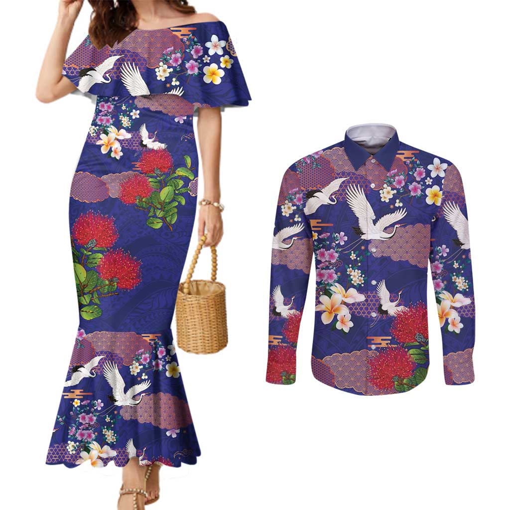 Hawaiian and Japanese Culture Together Couples Matching Mermaid Dress and Long Sleeve Button Shirt Blue Ohia Lehua Plumeria and Sakura Blooming - Polynesian Pride