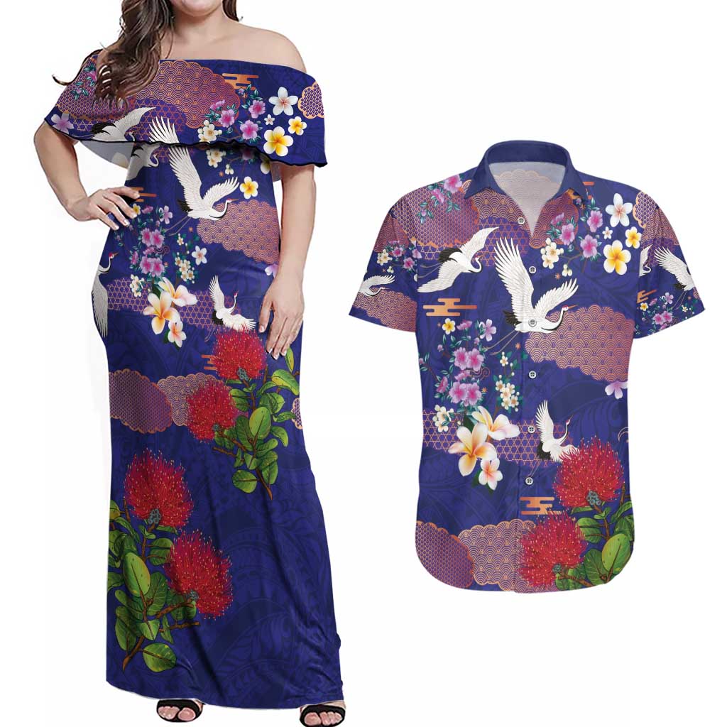 Hawaiian and Japanese Culture Together Couples Matching Off Shoulder Maxi Dress and Hawaiian Shirt Blue Ohia Lehua Plumeria and Sakura Blooming - Polynesian Pride