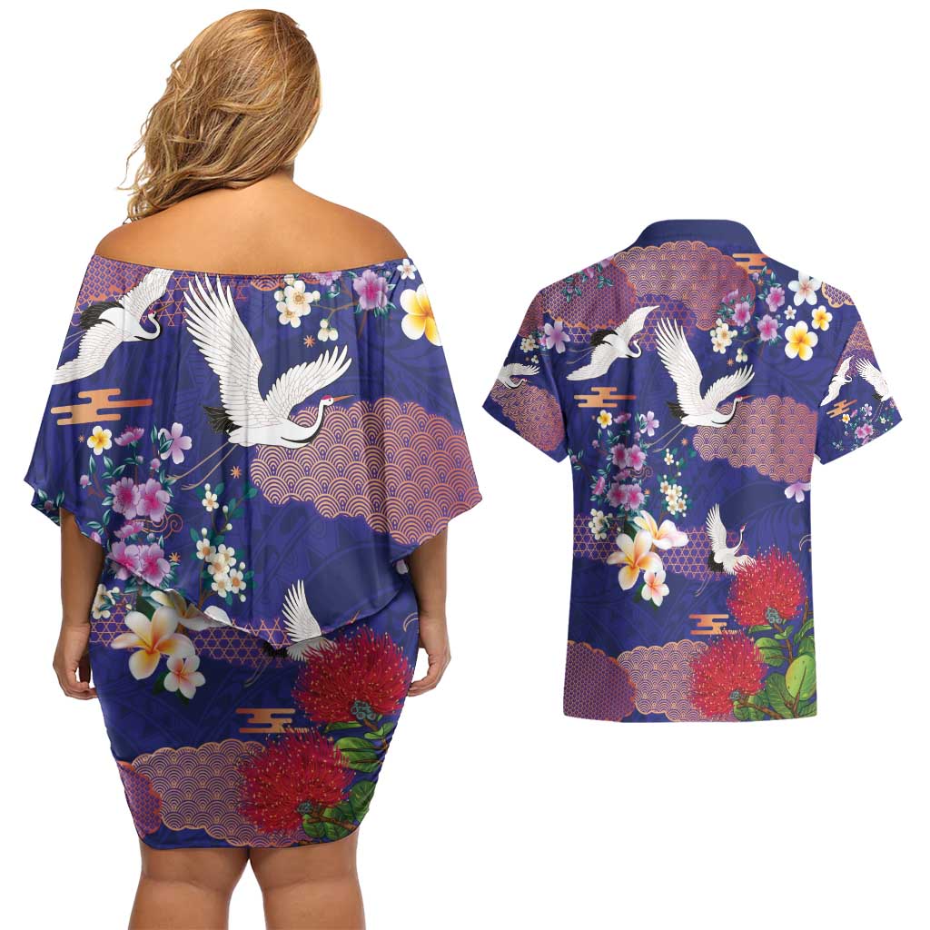 Hawaiian and Japanese Culture Together Couples Matching Off Shoulder Short Dress and Hawaiian Shirt Blue Ohia Lehua Plumeria and Sakura Blooming - Polynesian Pride