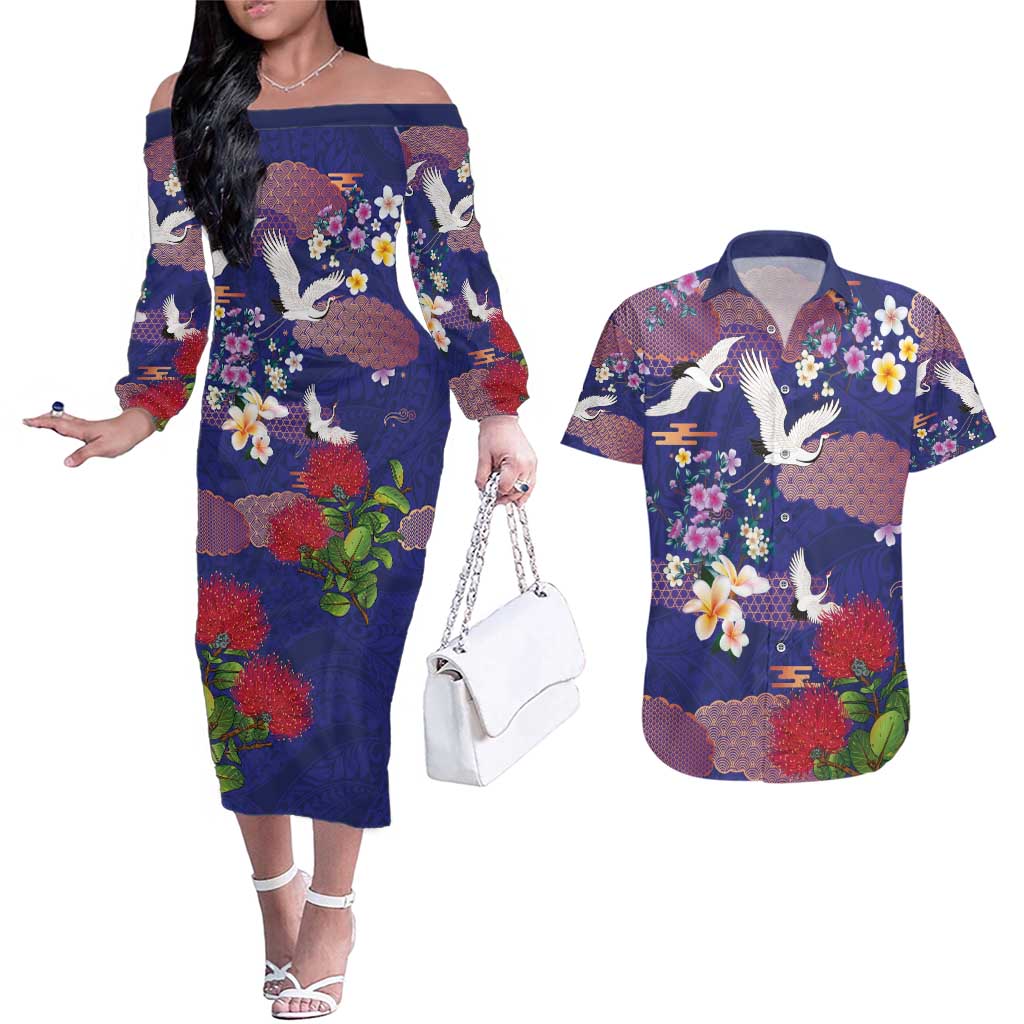 Hawaiian and Japanese Culture Together Couples Matching Off The Shoulder Long Sleeve Dress and Hawaiian Shirt Blue Ohia Lehua Plumeria and Sakura Blooming - Polynesian Pride