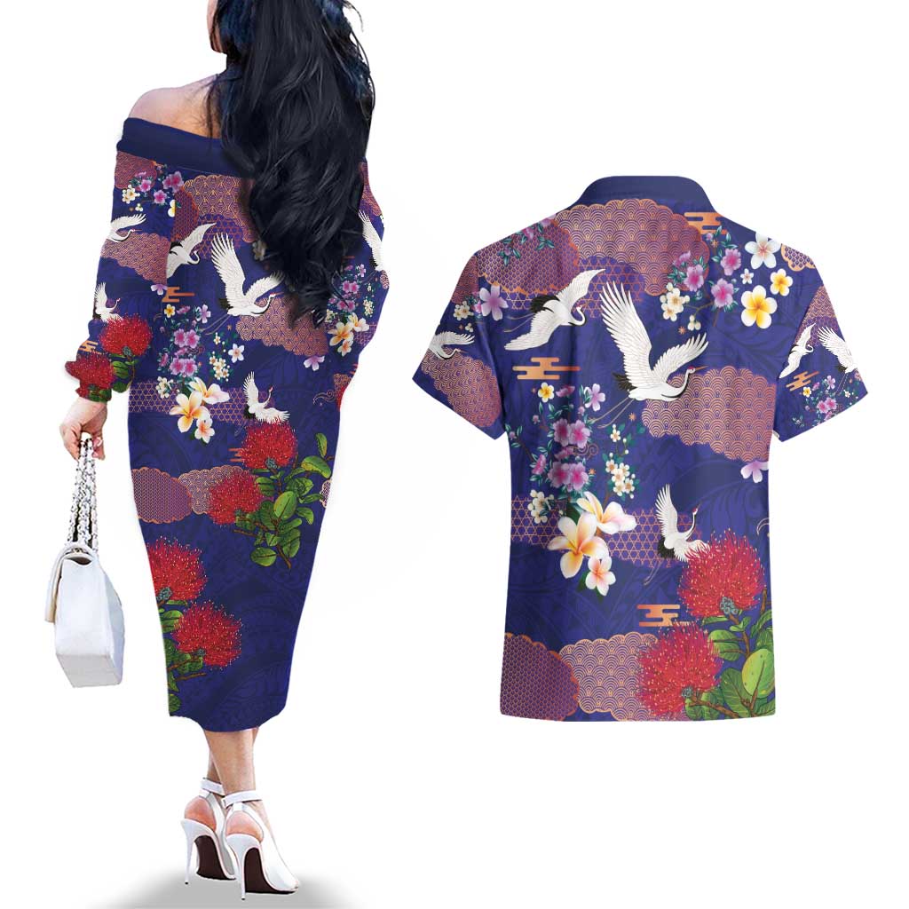 Hawaiian and Japanese Culture Together Couples Matching Off The Shoulder Long Sleeve Dress and Hawaiian Shirt Blue Ohia Lehua Plumeria and Sakura Blooming - Polynesian Pride