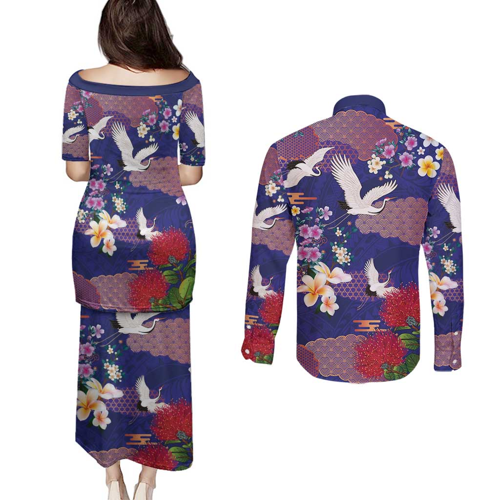 Hawaiian and Japanese Culture Together Couples Matching Puletasi and Long Sleeve Button Shirt Blue Ohia Lehua Plumeria and Sakura Blooming - Polynesian Pride