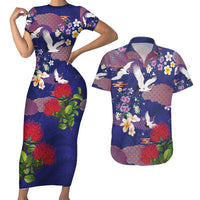 Hawaiian and Japanese Culture Together Couples Matching Short Sleeve Bodycon Dress and Hawaiian Shirt Blue Ohia Lehua Plumeria and Sakura Blooming - Polynesian Pride