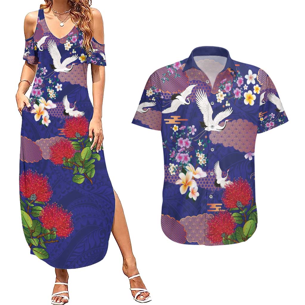 Hawaiian and Japanese Culture Together Couples Matching Summer Maxi Dress and Hawaiian Shirt Blue Ohia Lehua Plumeria and Sakura Blooming - Polynesian Pride