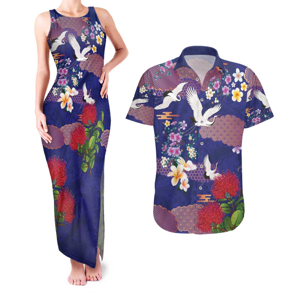 Hawaiian and Japanese Culture Together Couples Matching Tank Maxi Dress and Hawaiian Shirt Blue Ohia Lehua Plumeria and Sakura Blooming - Polynesian Pride