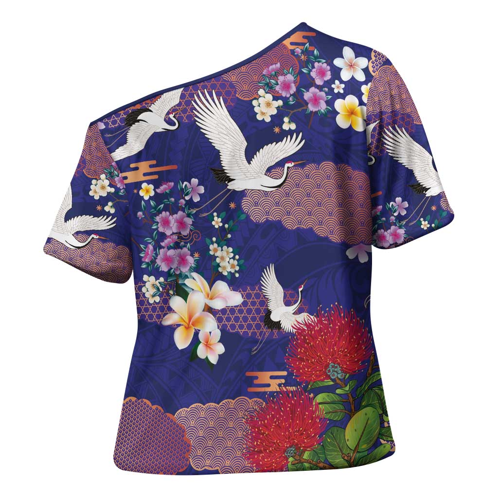 Hawaiian and Japanese Culture Together Cross Shoulder Shirt Blue Ohia Lehua Plumeria and Sakura Blooming - Polynesian Pride