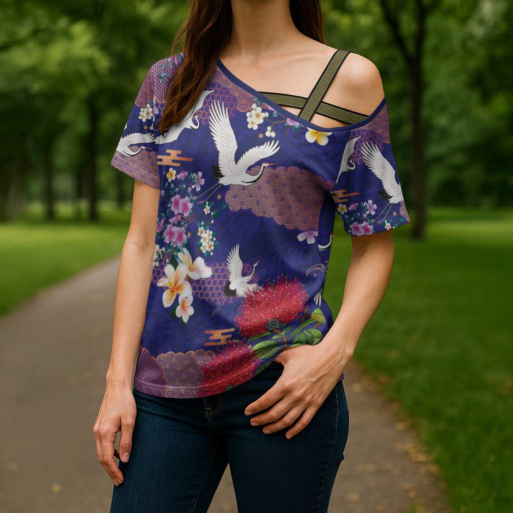 Hawaiian and Japanese Culture Together Cross Shoulder Shirt Blue Ohia Lehua Plumeria and Sakura Blooming - Polynesian Pride