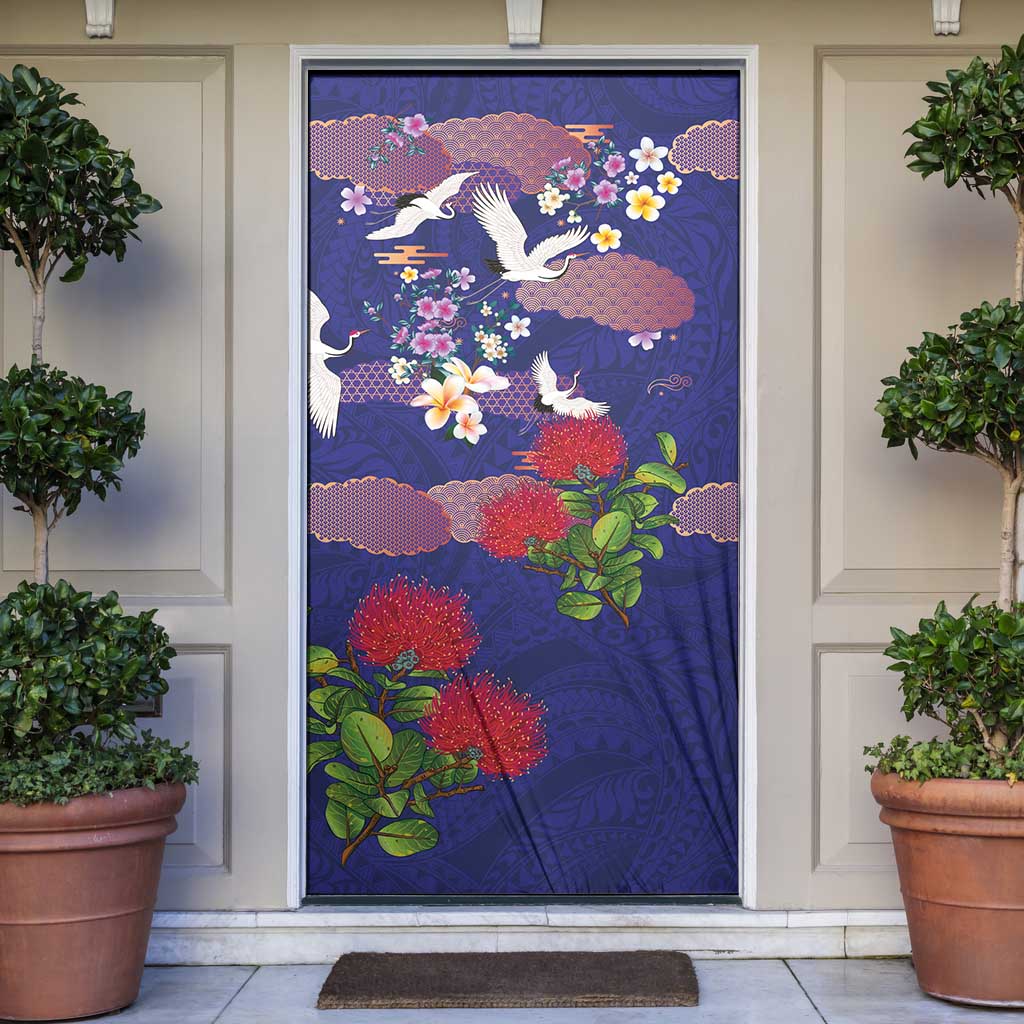Hawaiian and Japanese Culture Together Door Cover Blue Ohia Lehua Plumeria and Sakura Blooming - Polynesian Pride