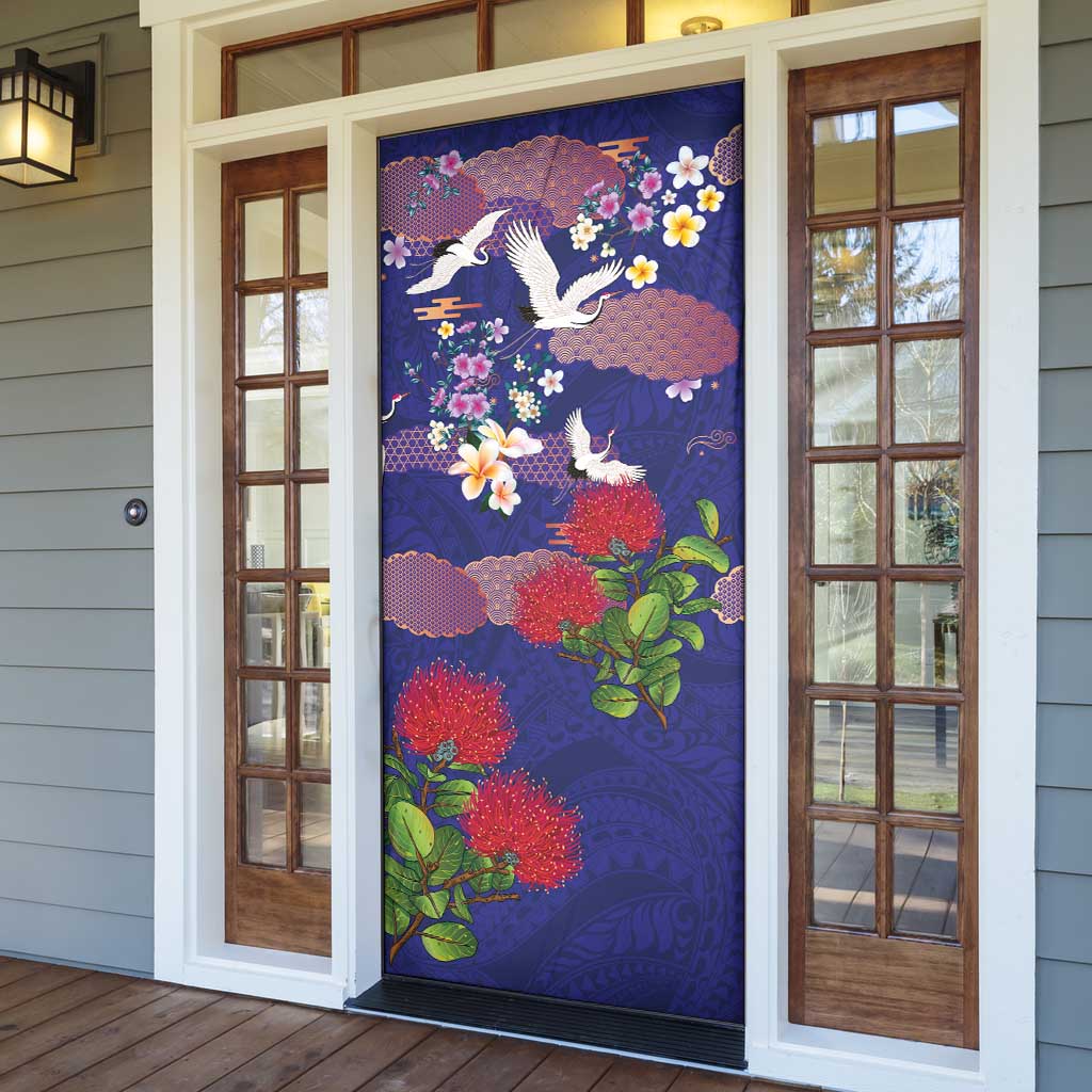 Hawaiian and Japanese Culture Together Door Cover Blue Ohia Lehua Plumeria and Sakura Blooming - Polynesian Pride