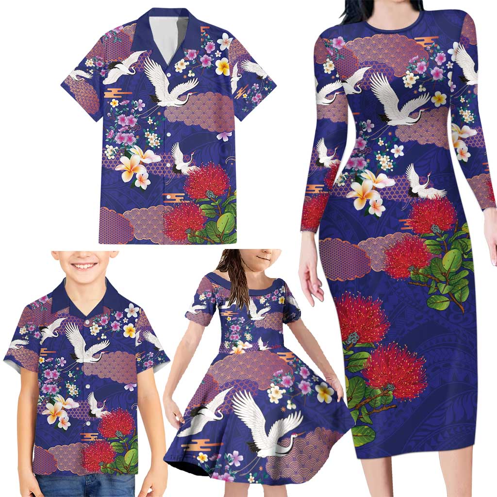 Hawaiian and Japanese Culture Together Family Matching Long Sleeve Bodycon Dress and Hawaiian Shirt Blue Ohia Lehua Plumeria and Sakura Blooming - Polynesian Pride