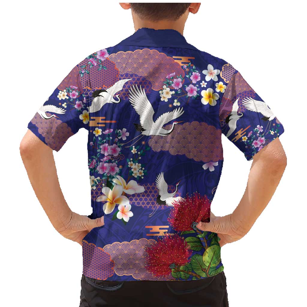 Hawaiian and Japanese Culture Together Family Matching Mermaid Dress and Hawaiian Shirt Blue Ohia Lehua Plumeria and Sakura Blooming - Polynesian Pride