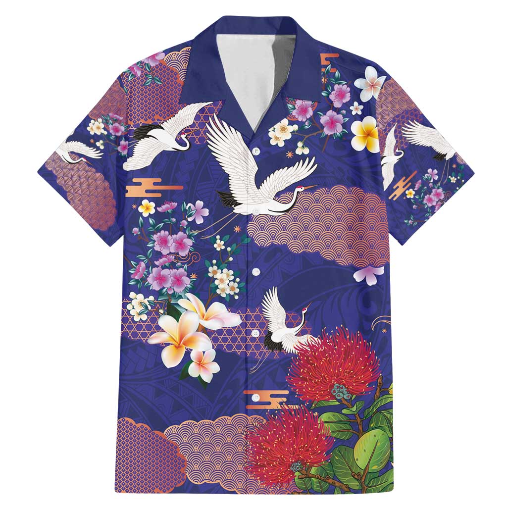 Hawaiian and Japanese Culture Together Family Matching Mermaid Dress and Hawaiian Shirt Blue Ohia Lehua Plumeria and Sakura Blooming - Polynesian Pride