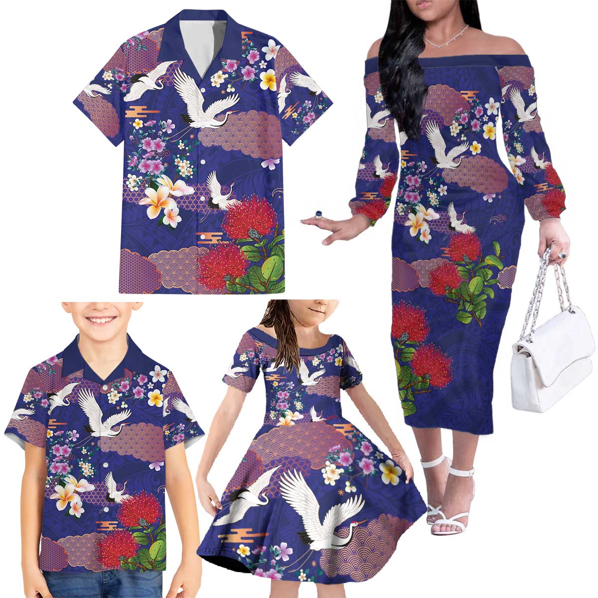 Hawaiian and Japanese Culture Together Family Matching Off The Shoulder Long Sleeve Dress and Hawaiian Shirt Blue Ohia Lehua Plumeria and Sakura Blooming - Polynesian Pride
