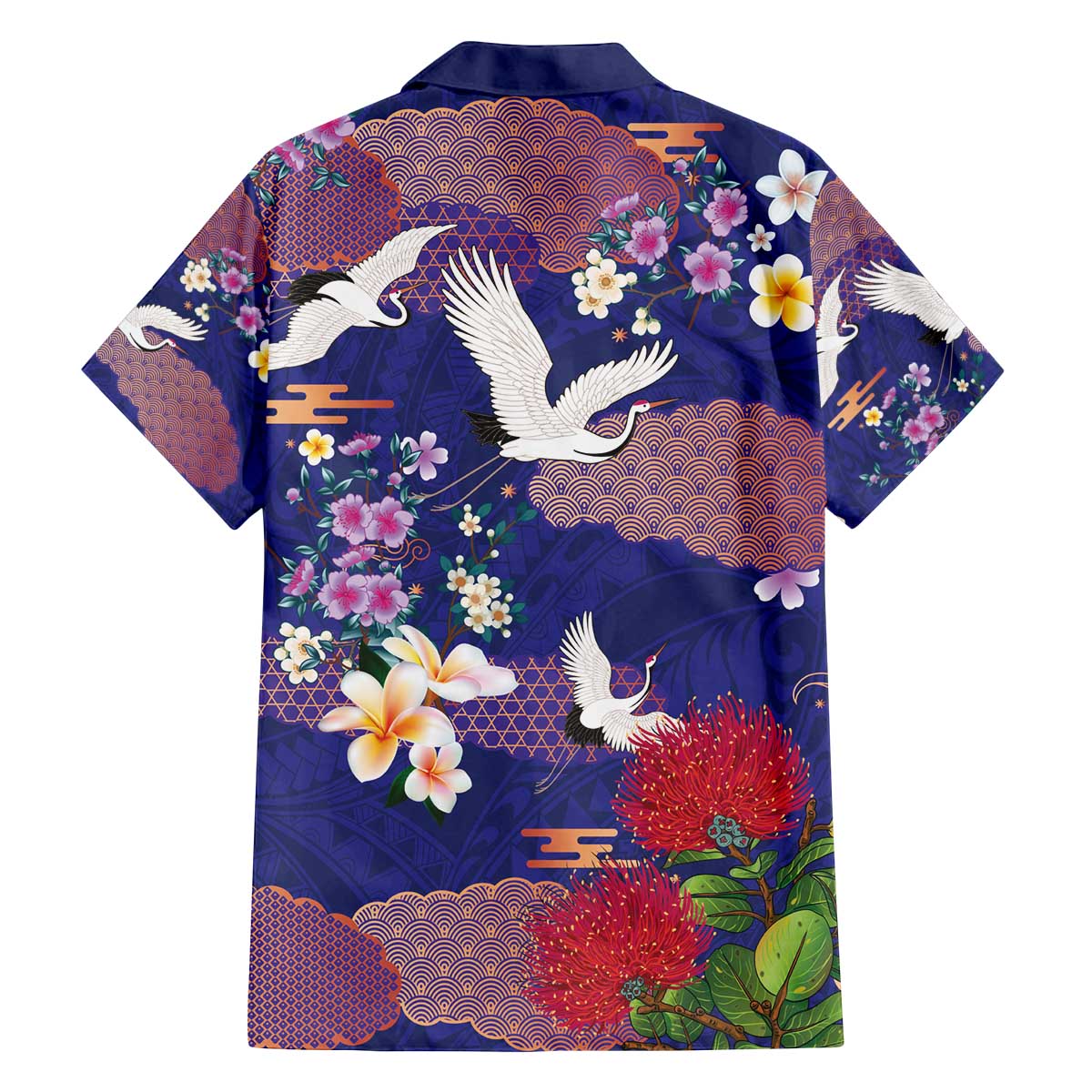 Hawaiian and Japanese Culture Together Family Matching Off The Shoulder Long Sleeve Dress and Hawaiian Shirt Blue Ohia Lehua Plumeria and Sakura Blooming - Polynesian Pride