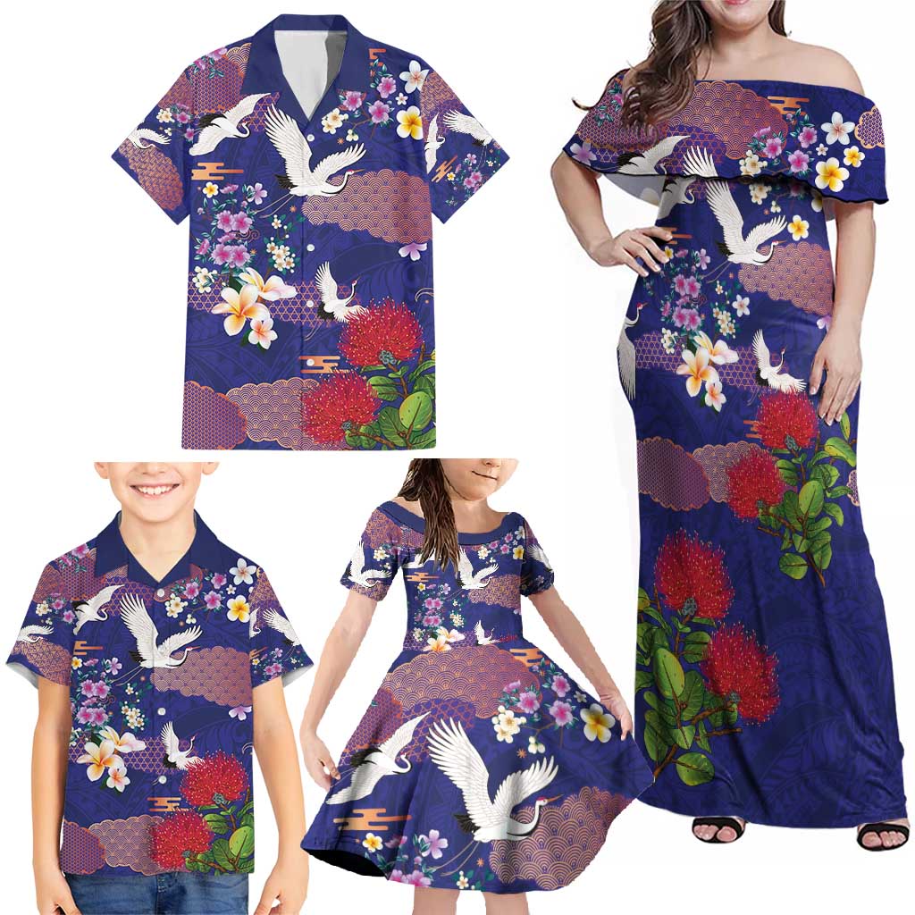 Hawaiian and Japanese Culture Together Family Matching Off Shoulder Maxi Dress and Hawaiian Shirt Blue Ohia Lehua Plumeria and Sakura Blooming - Polynesian Pride