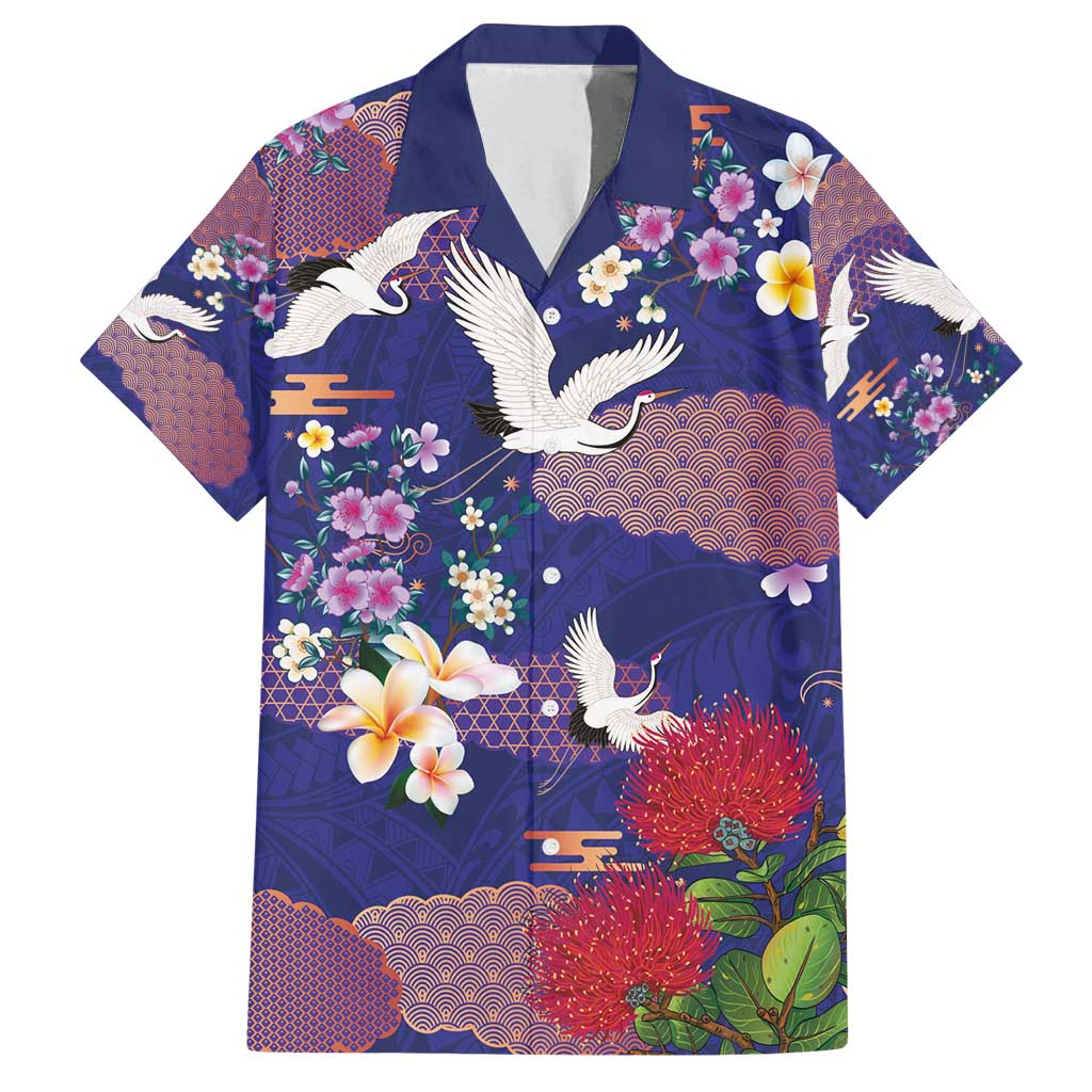 Hawaiian and Japanese Culture Together Family Matching Off Shoulder Maxi Dress and Hawaiian Shirt Blue Ohia Lehua Plumeria and Sakura Blooming - Polynesian Pride