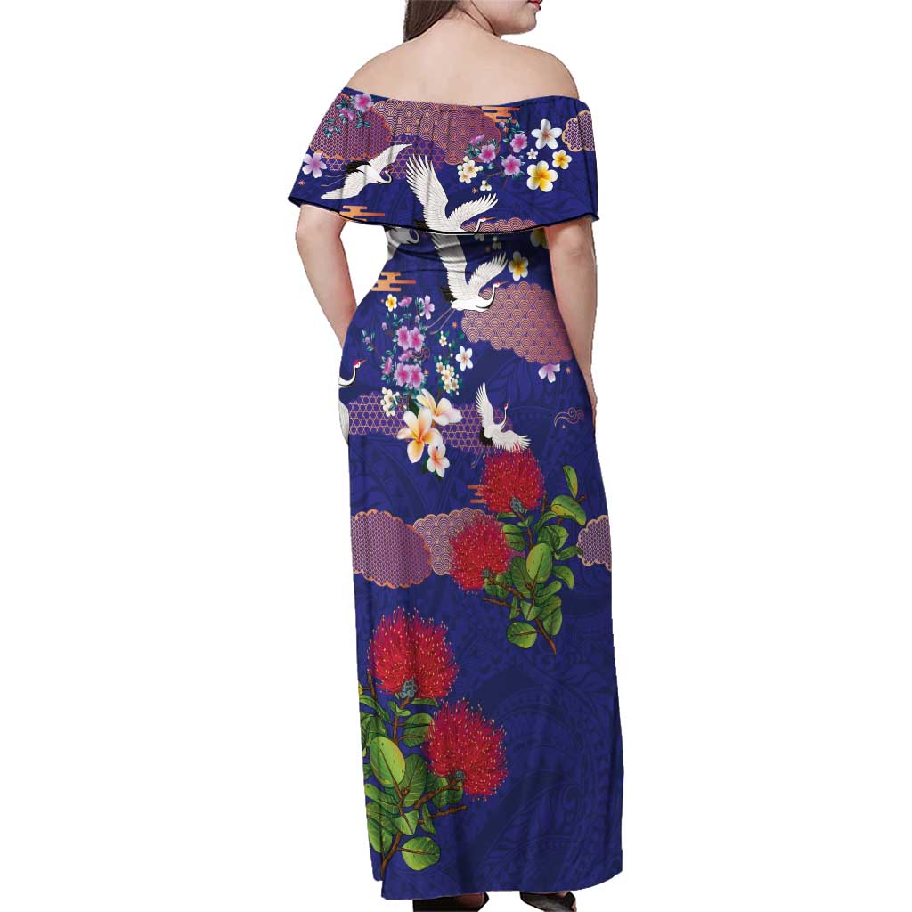 Hawaiian and Japanese Culture Together Family Matching Off Shoulder Maxi Dress and Hawaiian Shirt Blue Ohia Lehua Plumeria and Sakura Blooming - Polynesian Pride