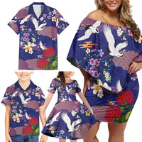 Hawaiian and Japanese Culture Together Family Matching Off Shoulder Short Dress and Hawaiian Shirt Blue Ohia Lehua Plumeria and Sakura Blooming - Polynesian Pride