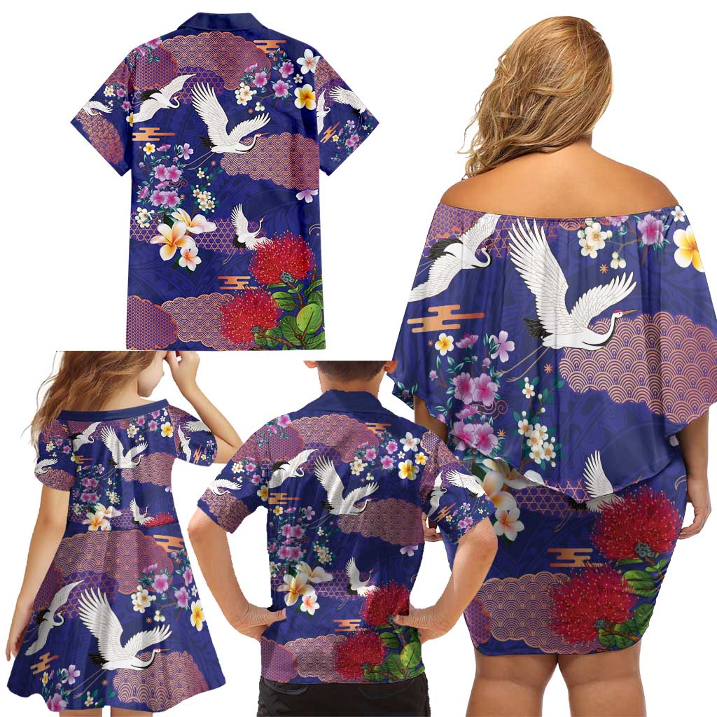 Hawaiian and Japanese Culture Together Family Matching Off Shoulder Short Dress and Hawaiian Shirt Blue Ohia Lehua Plumeria and Sakura Blooming - Polynesian Pride