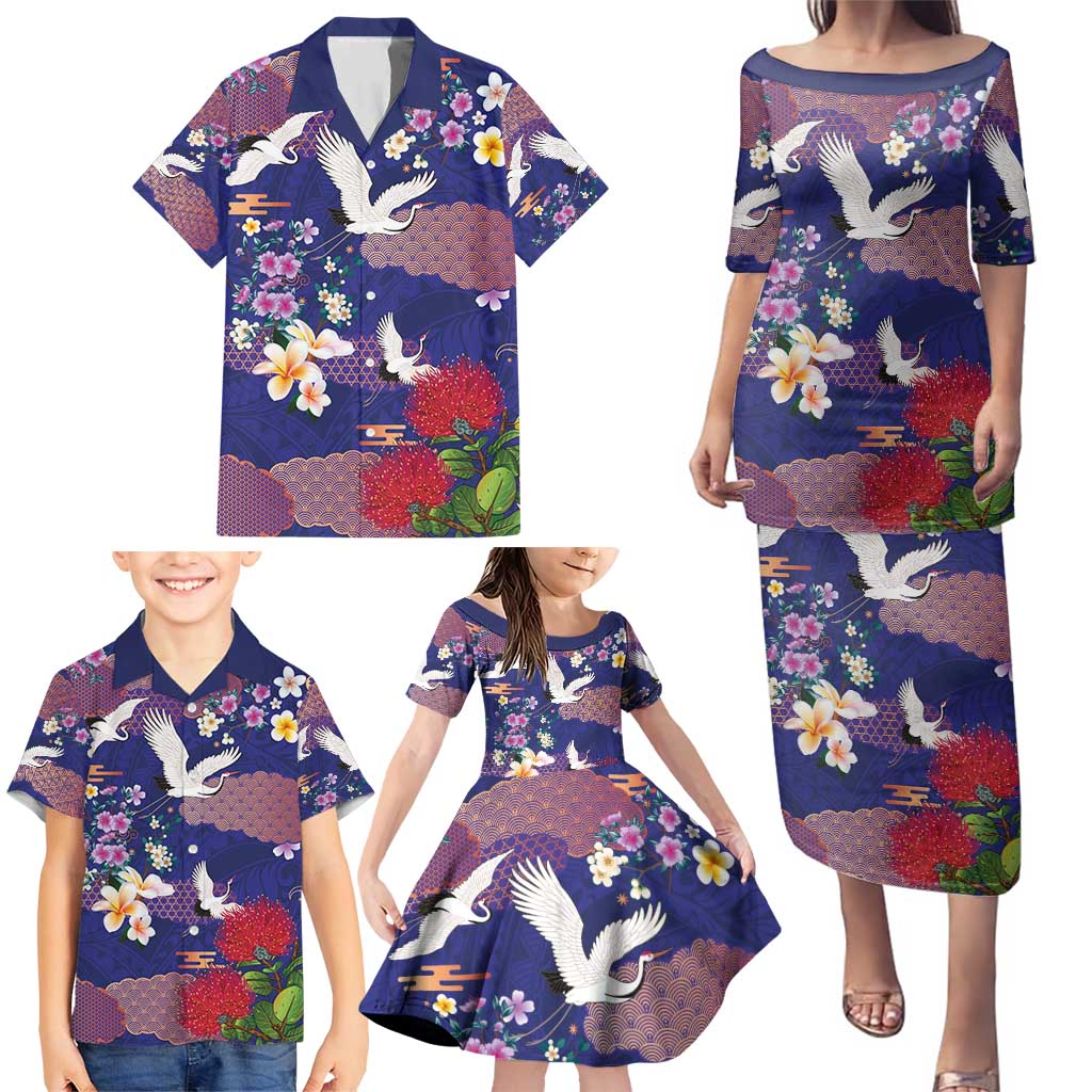 Hawaiian and Japanese Culture Together Family Matching Puletasi and Hawaiian Shirt Blue Ohia Lehua Plumeria and Sakura Blooming - Polynesian Pride