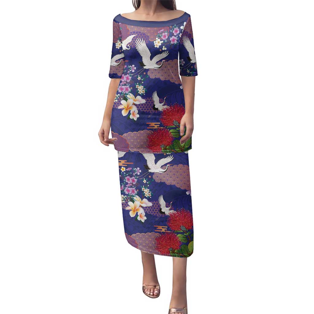 Hawaiian and Japanese Culture Together Family Matching Puletasi and Hawaiian Shirt Blue Ohia Lehua Plumeria and Sakura Blooming - Polynesian Pride