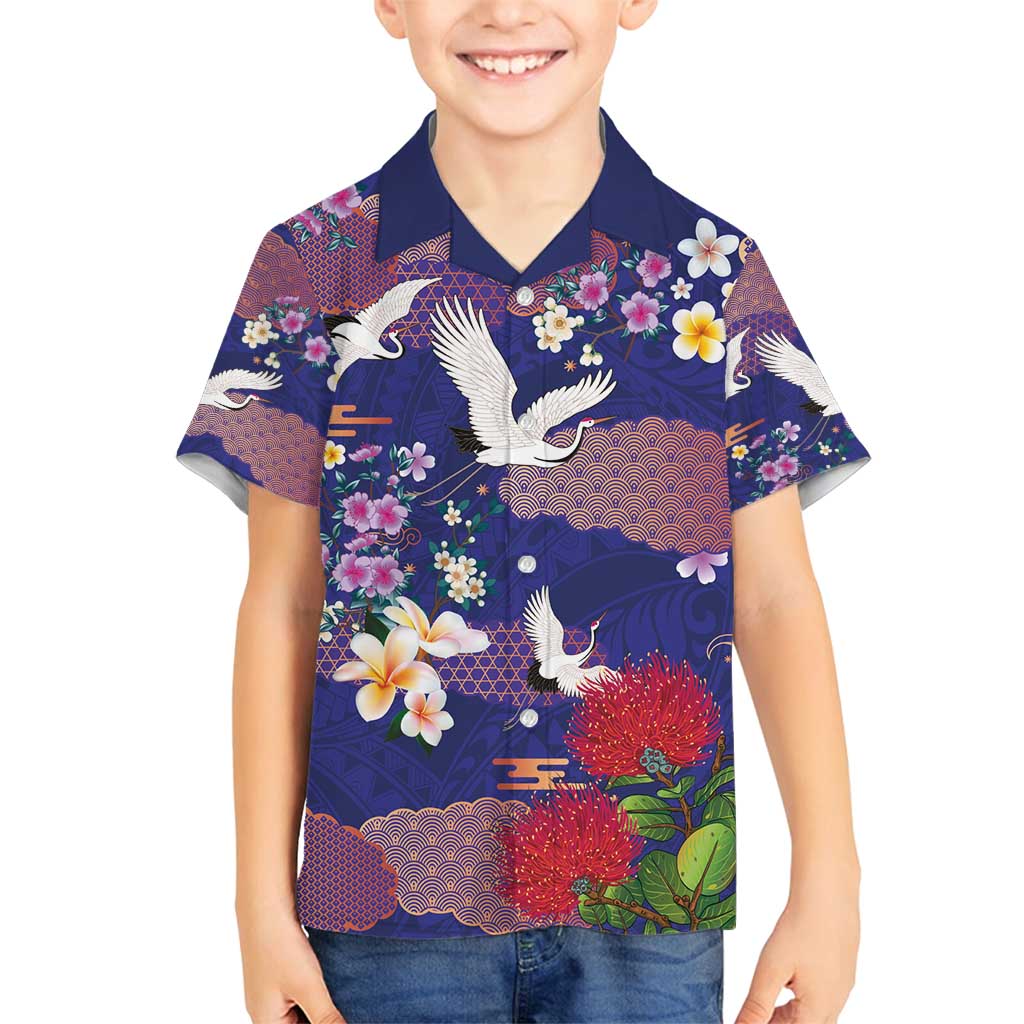 Hawaiian and Japanese Culture Together Family Matching Puletasi and Hawaiian Shirt Blue Ohia Lehua Plumeria and Sakura Blooming - Polynesian Pride