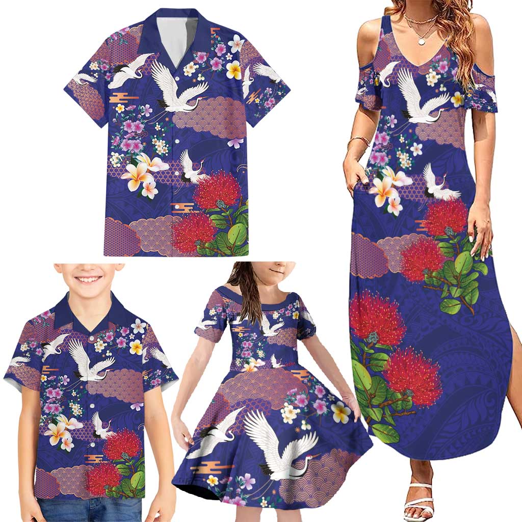 Hawaiian and Japanese Culture Together Family Matching Summer Maxi Dress and Hawaiian Shirt Blue Ohia Lehua Plumeria and Sakura Blooming - Polynesian Pride