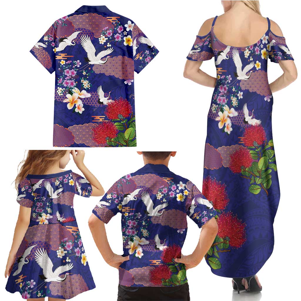 Hawaiian and Japanese Culture Together Family Matching Summer Maxi Dress and Hawaiian Shirt Blue Ohia Lehua Plumeria and Sakura Blooming - Polynesian Pride