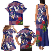 Hawaiian and Japanese Culture Together Family Matching Tank Maxi Dress and Hawaiian Shirt Blue Ohia Lehua Plumeria and Sakura Blooming - Polynesian Pride