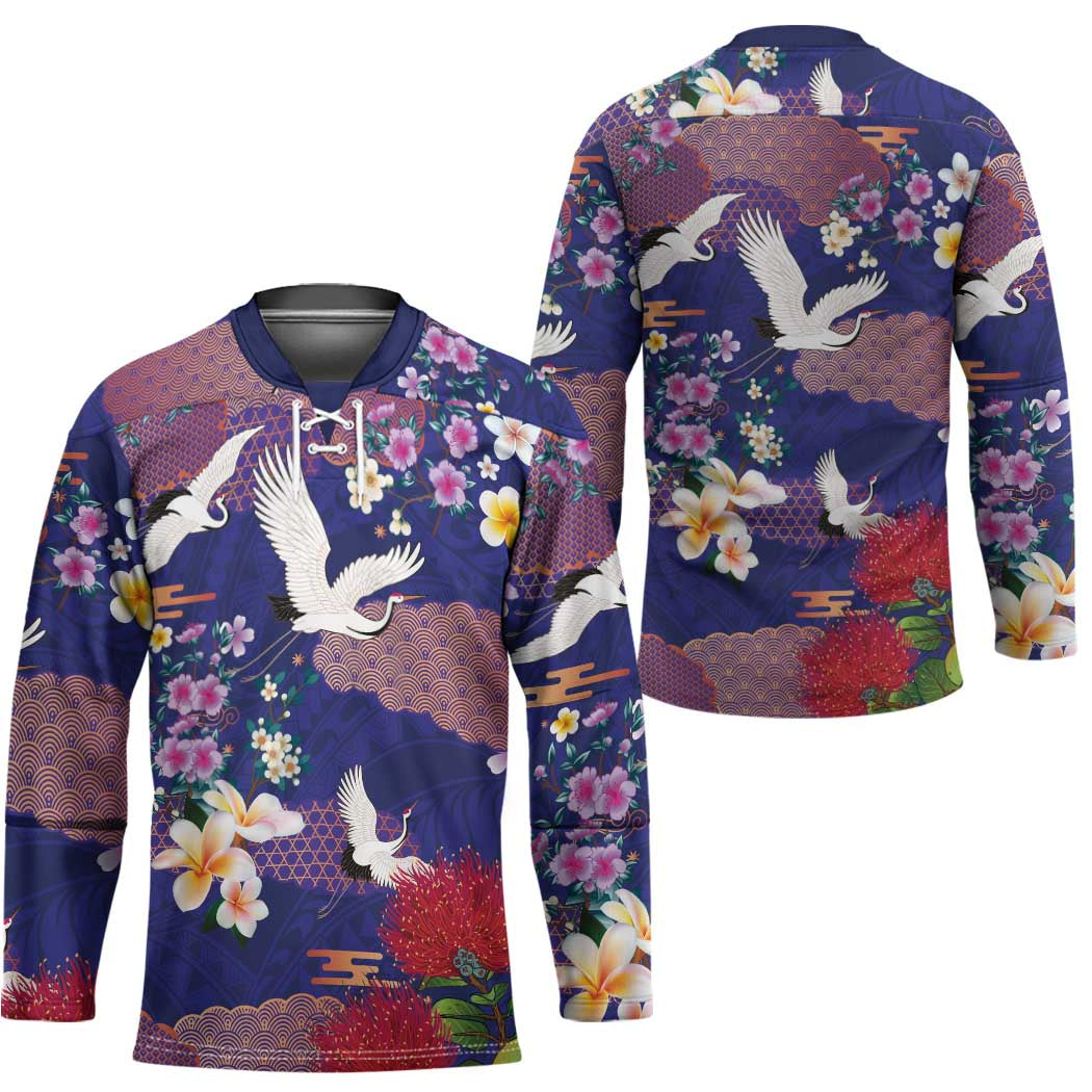 Hawaiian and Japanese Culture Together Hockey Jersey Blue Ohia Lehua Plumeria and Sakura Blooming - Polynesian Pride