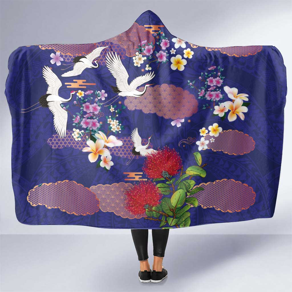 Hawaiian and Japanese Culture Together Hooded Blanket Blue Ohia Lehua Plumeria and Sakura Blooming - Polynesian Pride
