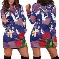 Hawaiian and Japanese Culture Together Hoodie Dress Blue Ohia Lehua Plumeria and Sakura Blooming - Polynesian Pride