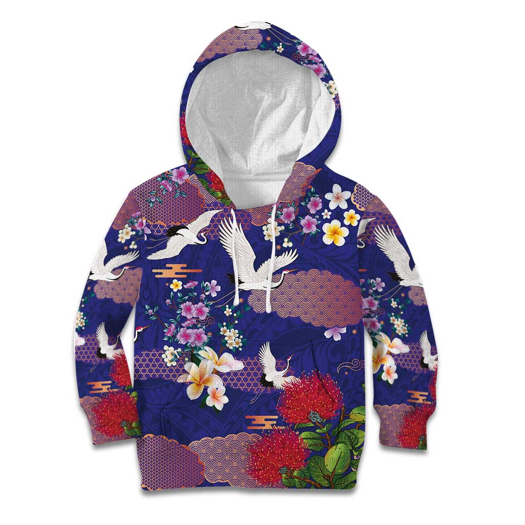 Hawaiian and Japanese Culture Together Kid Hoodie Blue Ohia Lehua Plumeria and Sakura Blooming - Polynesian Pride