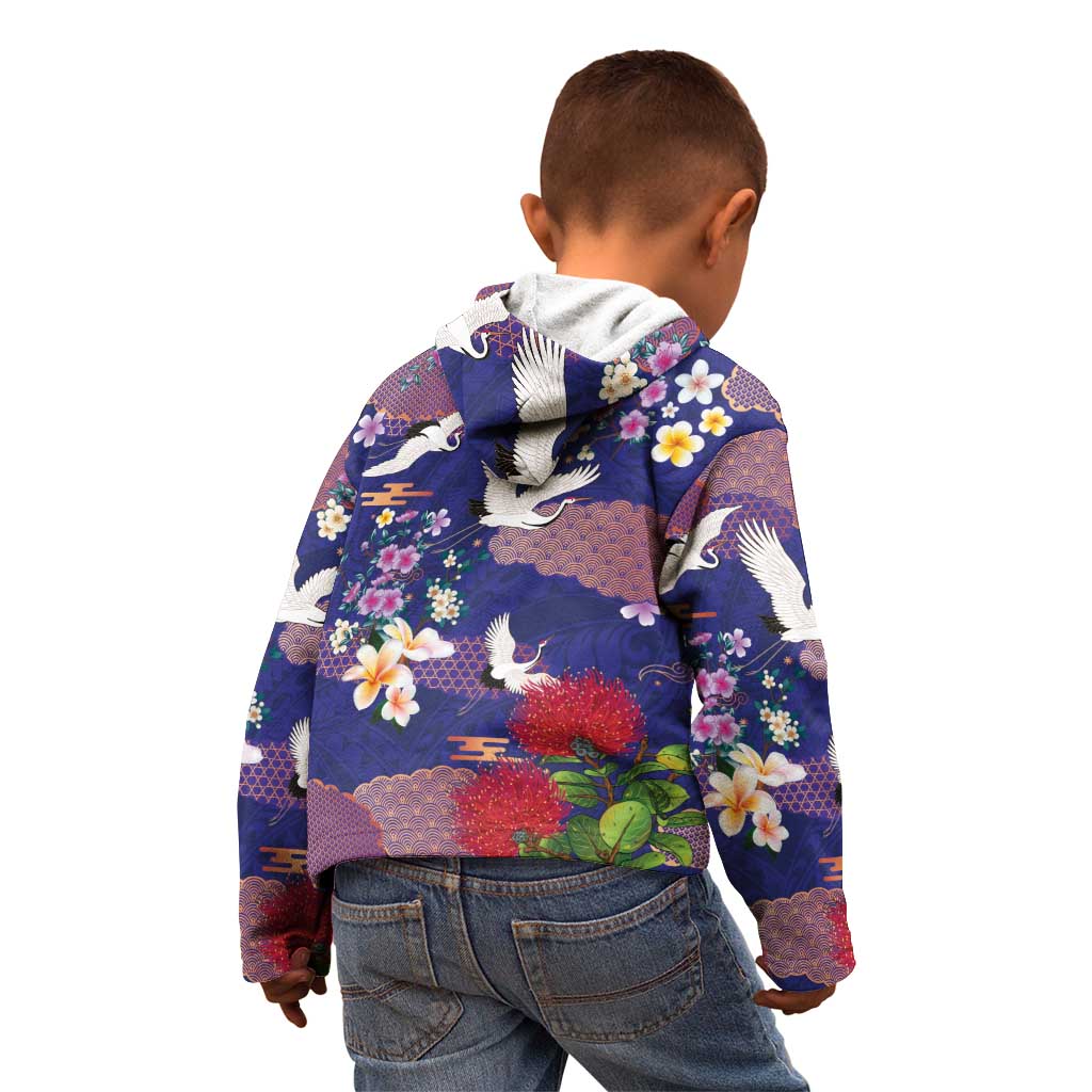 Hawaiian and Japanese Culture Together Kid Hoodie Blue Ohia Lehua Plumeria and Sakura Blooming - Polynesian Pride
