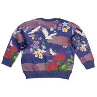 Hawaiian and Japanese Culture Together Kid Ugly Christmas Sweater Blue Ohia Lehua Plumeria and Sakura Blooming - Polynesian Pride