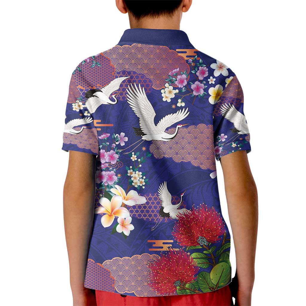 Hawaiian and Japanese Culture Together Kid Polo Shirt Blue Ohia Lehua Plumeria and Sakura Blooming - Polynesian Pride