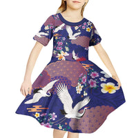 Hawaiian and Japanese Culture Together Kid Short Sleeve Dress Blue Ohia Lehua Plumeria and Sakura Blooming - Polynesian Pride