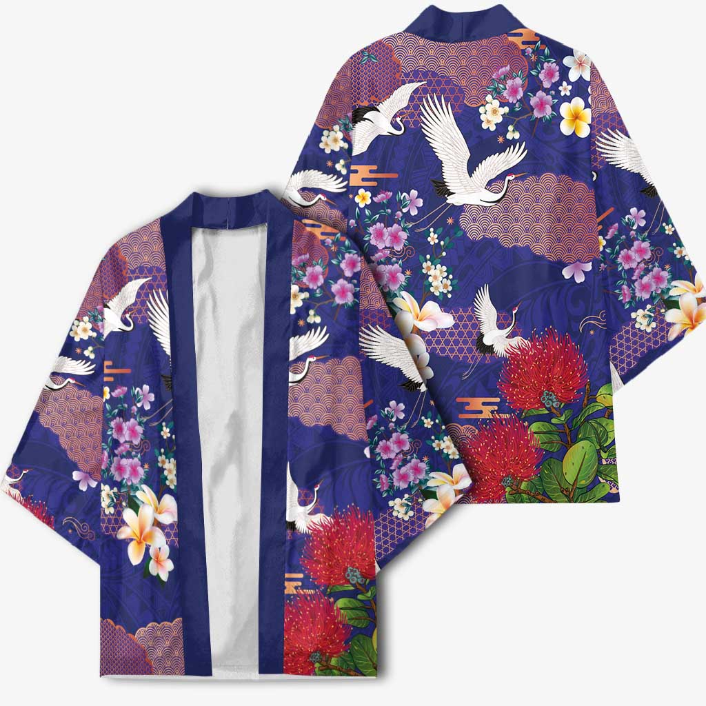Hawaiian and Japanese Culture Together Kimono Blue Ohia Lehua Plumeria and Sakura Blooming - Polynesian Pride
