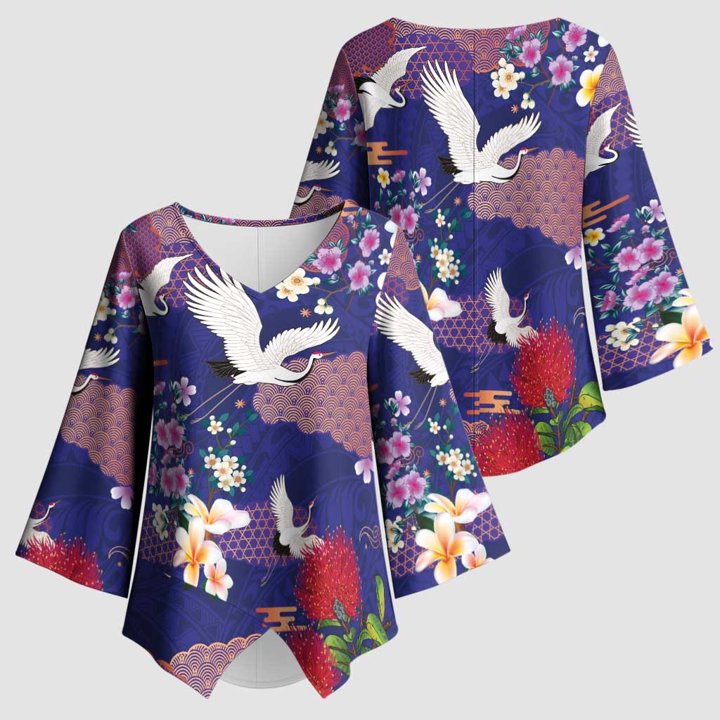 Hawaiian and Japanese Culture Together Kimono Sleeve Blouse Blue Ohia Lehua Plumeria and Sakura Blooming - Polynesian Pride